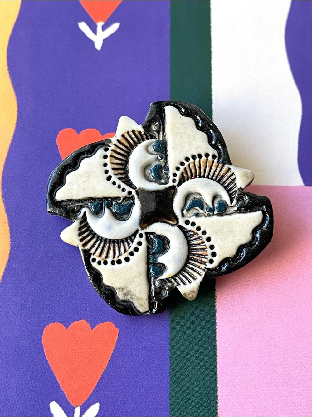Vintage/modern artisan style ceramic brooch abstract pinwheel rustic